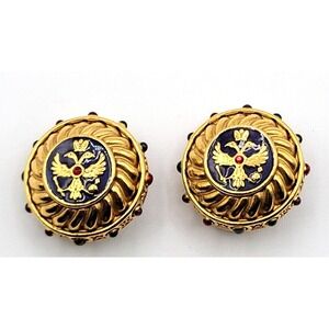 JOAN RIVERS RUSSIAN IMPERIAL REGAL EAGLE‎ CLIP ON EARRINGS GOLD TONE SIGNED